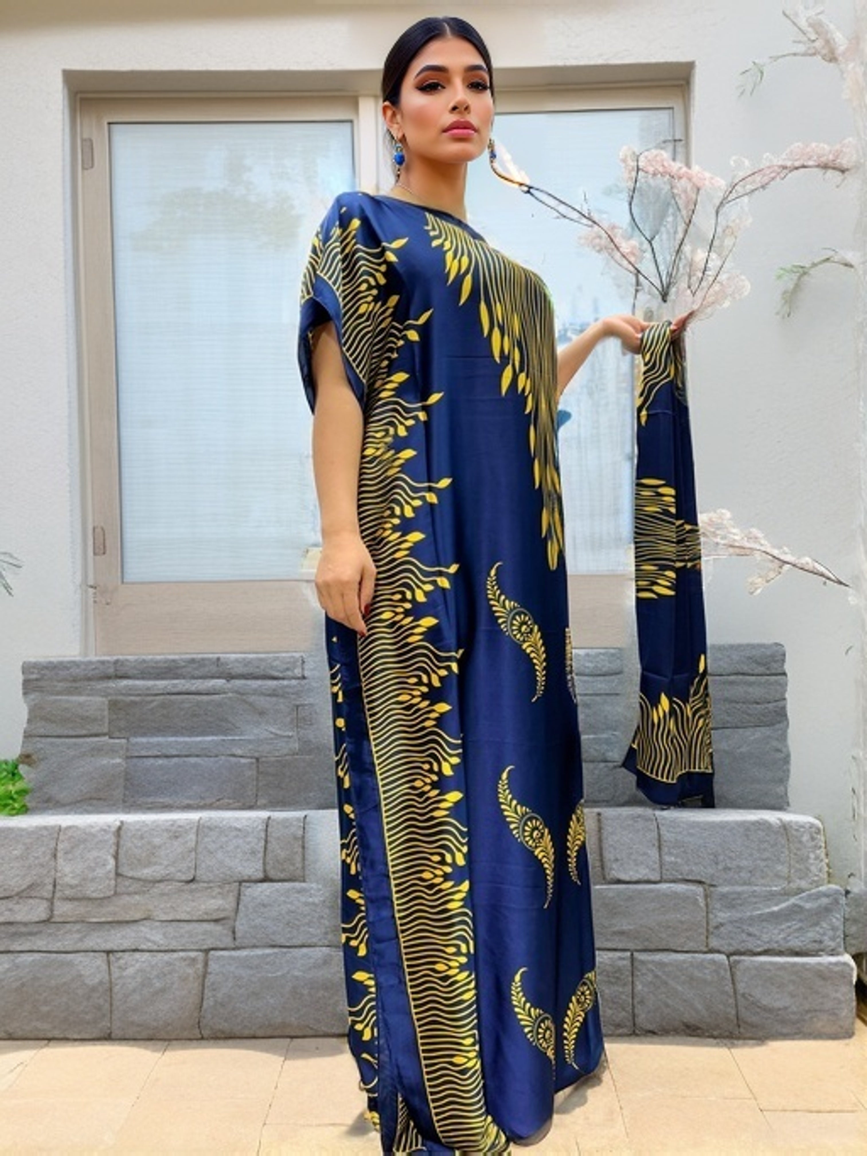 Elegant Maxi Dress with Hijab - Geometric & Floral Print, Batwing Sleeves, Round Neck - Polyester, Non-Stretch Fabric for Women