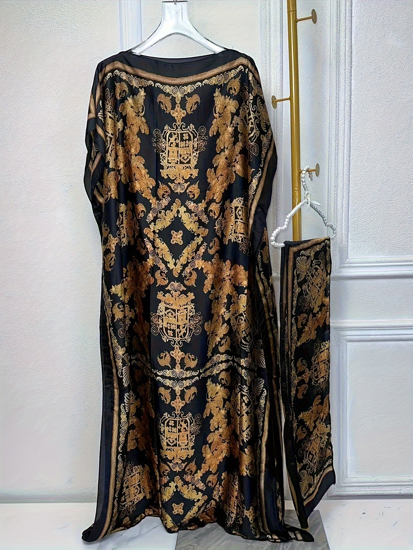 Elegant Graphic Print Boat Neck Abaya with Batwing Sleeves & Scarf - Loose Fit, Polyester, Perfect for Spring/Summer - Women's Traditional Dress