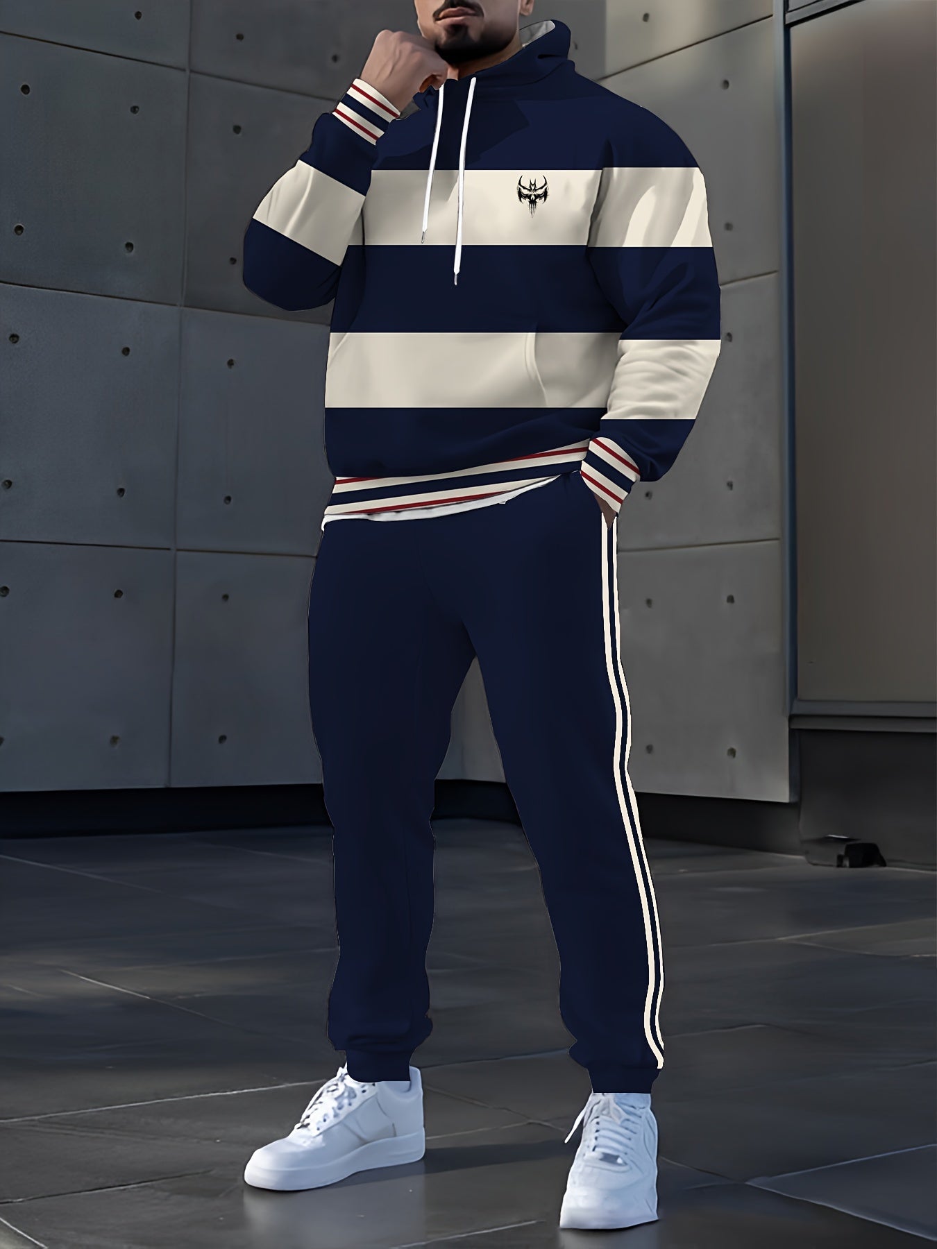 Men's Casual Digital Print Hoodie & Sweatpants Set - Polyester, Machine Washable, Perfect for Spring/Fall Outings