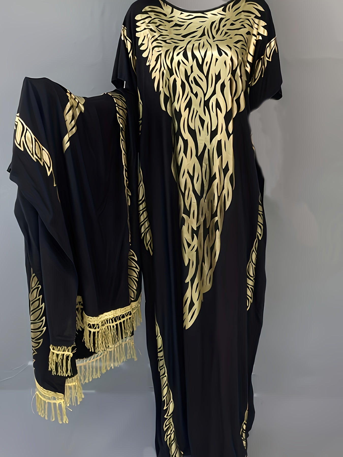 Large Size Luxury Gilded Leaf Loose Muslim Robe Middle East Dress with Gilded Luxury Headscarf