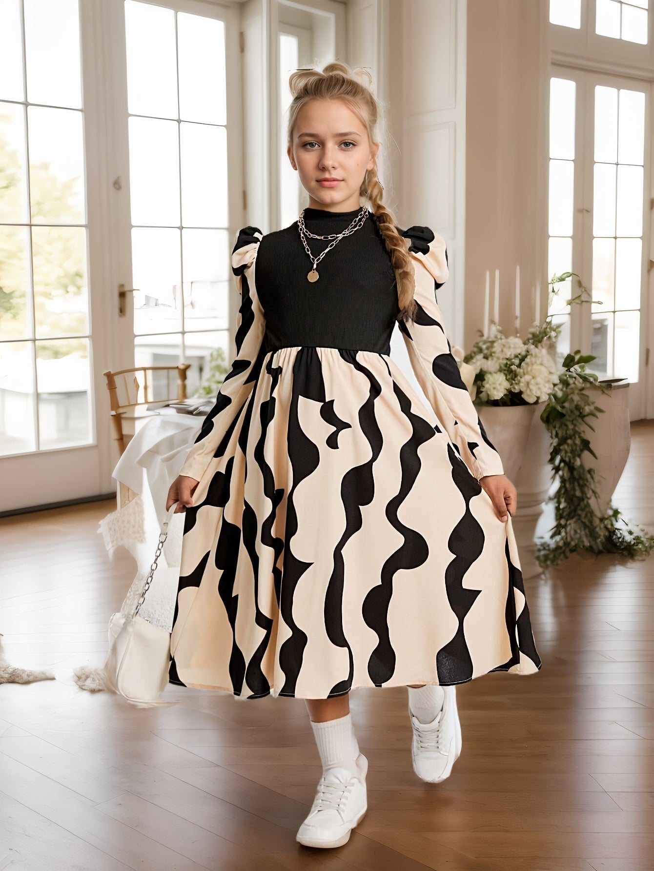 Elegant Girls' Black & White Geometric Pattern Knit Dress with Puff Sleeves - Long Sleeve, Mid-Length, Machine Washable - Perfect for Spring/Summer/Fall Events, Clothes for Girls