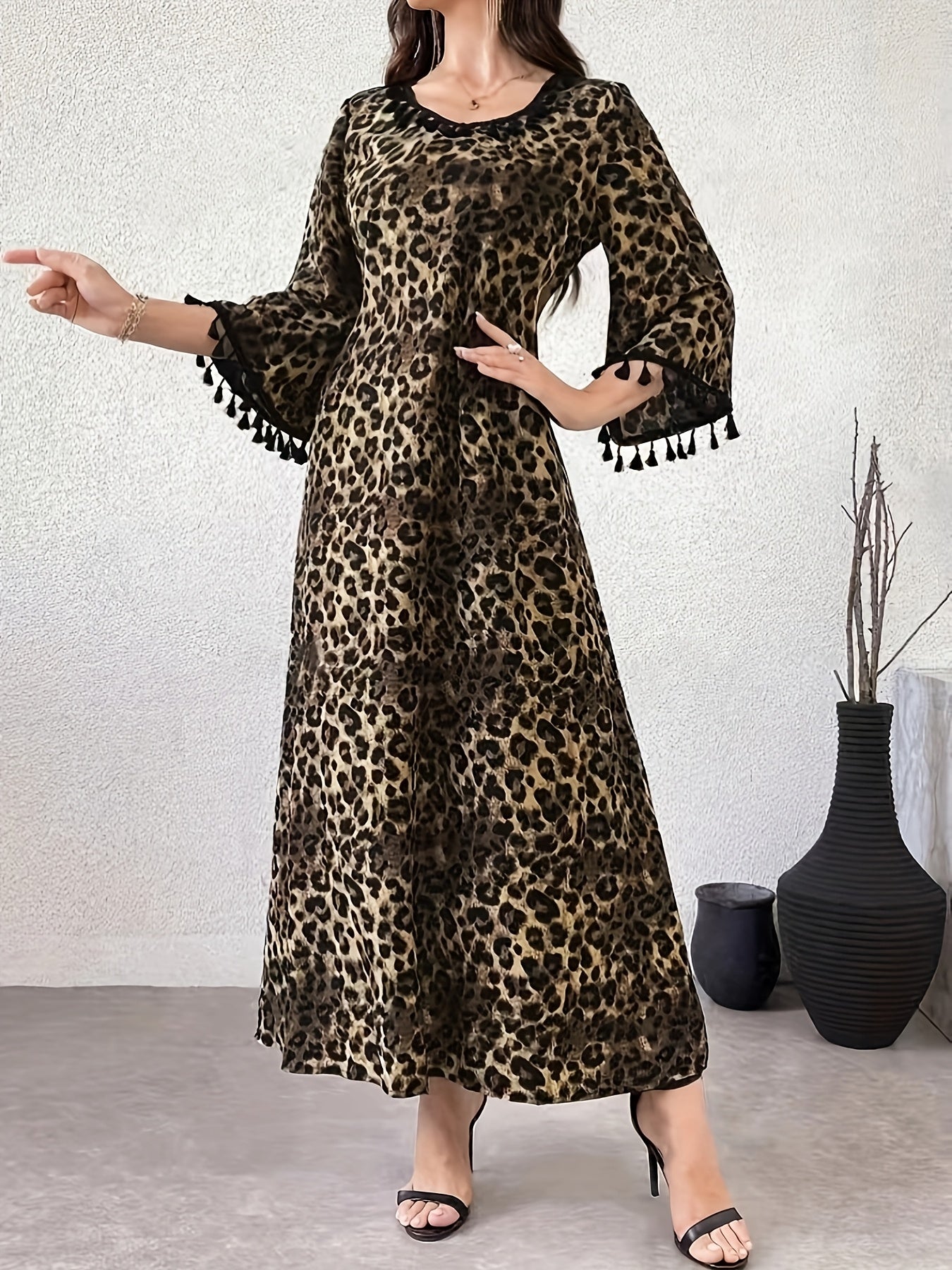 1pc Elegant Leopard Print Tassel Sleeve Maxi Dress for Women, Polyester Woven Crew Neck A-Line Spring/Fall Dress with Tassel Detail